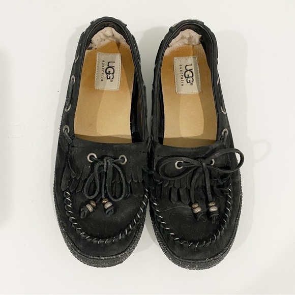 UGG Drina Beaded Bow Leather Slip On Fringe Moccasin Loafer Flats Black Size 6 - Picture 3 of 14